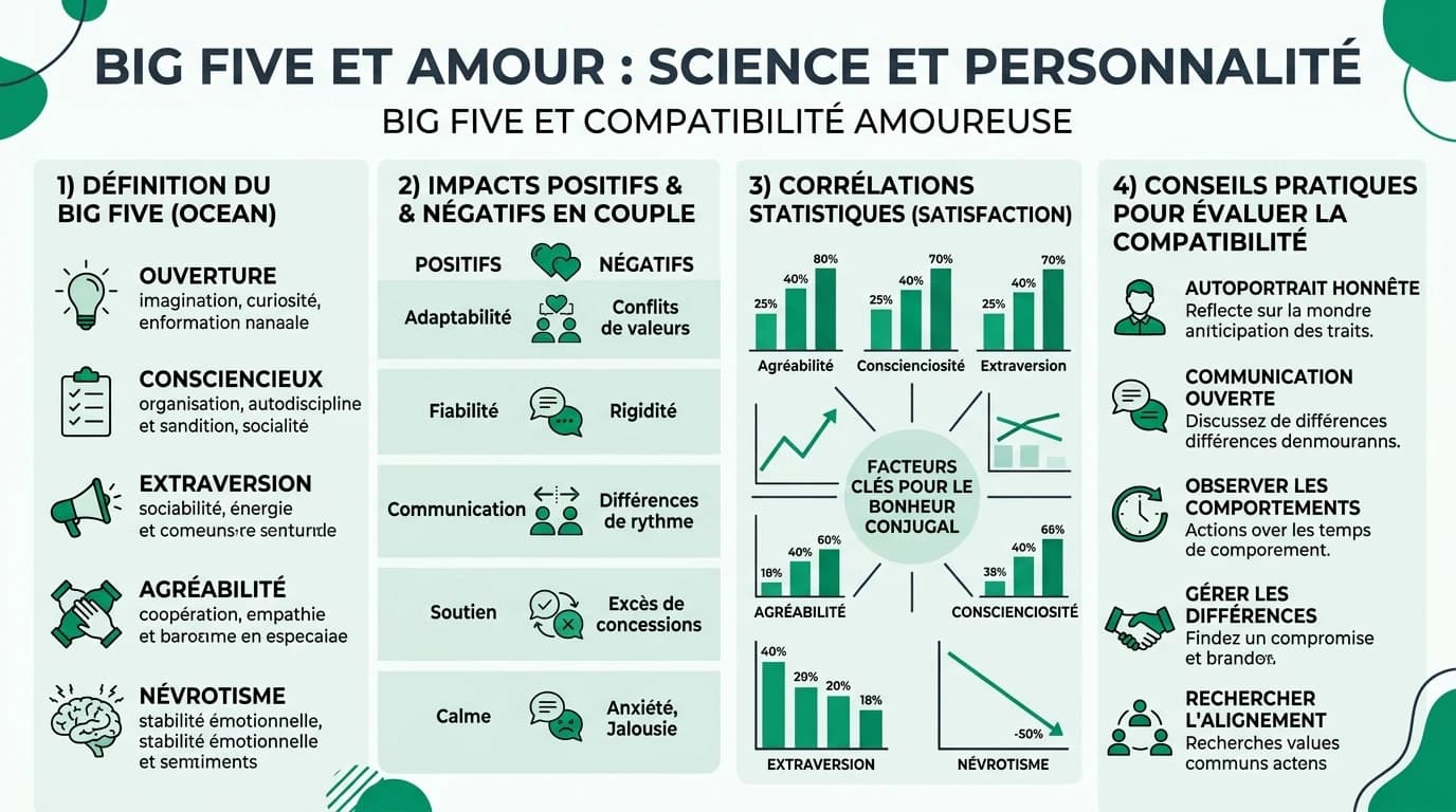 Illustration des traits de personnalité Big Five et leur impact sur les relations amoureuses et la compatibilité des couples.