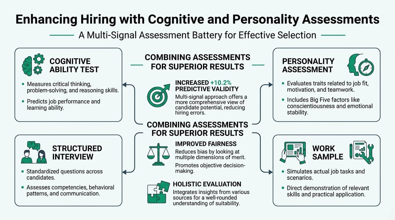 An illustration showing a diverse team of professionals evaluating assessment results on a large screen.