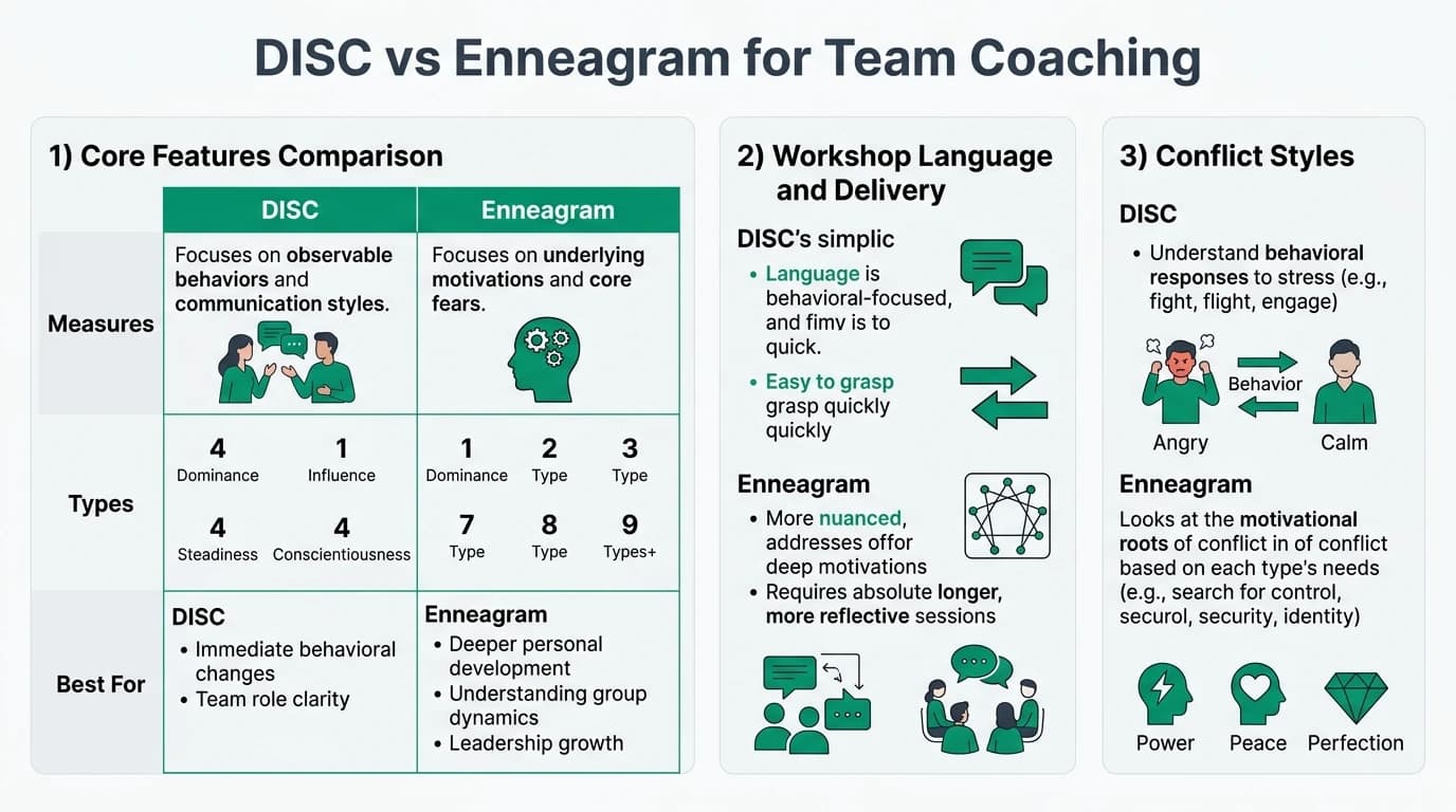 A comparison of DISC and Enneagram models showing their application in team coaching and conflict resolution.
