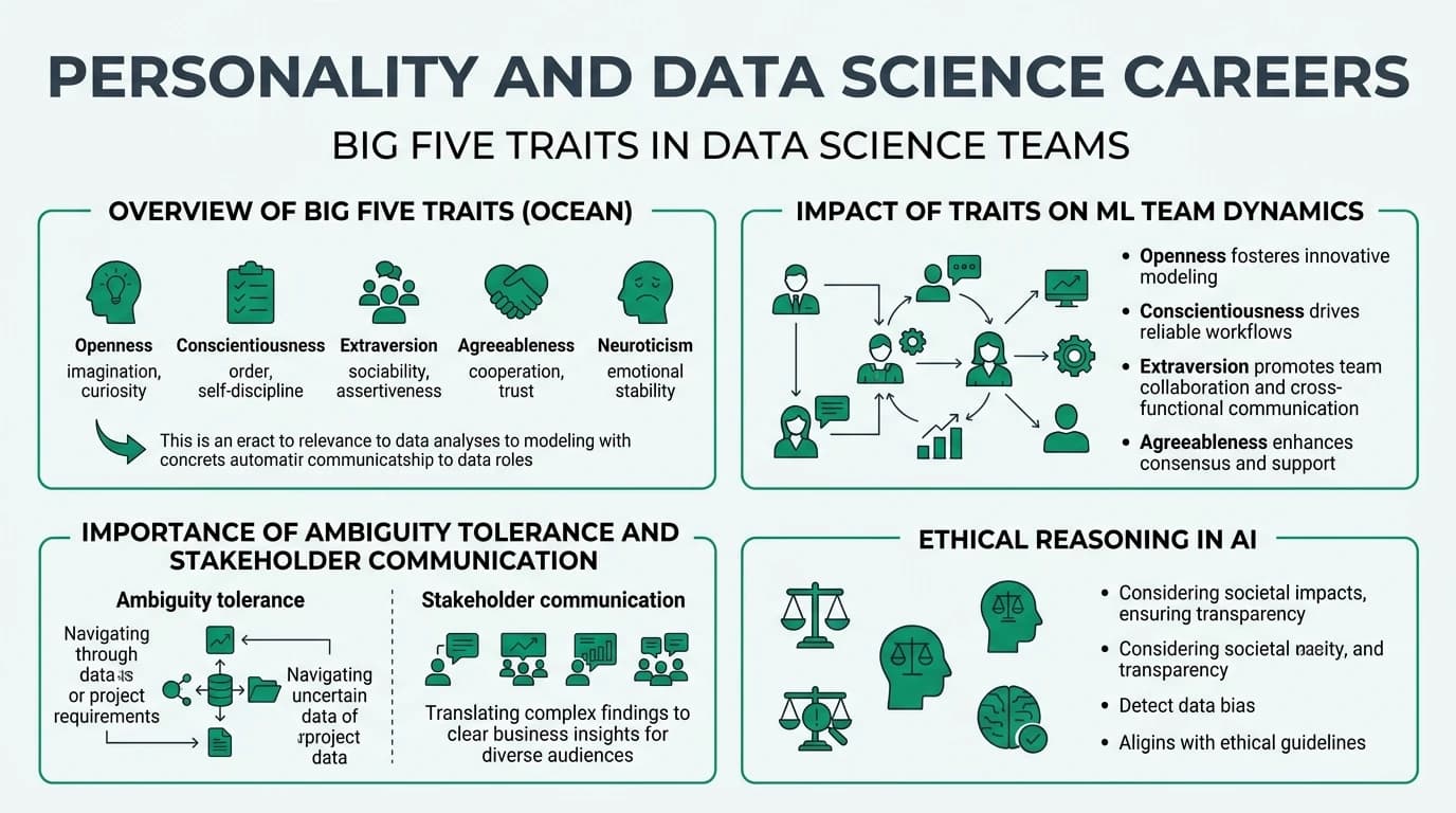 A diverse team of data scientists collaborating on a machine learning project, showcasing various personality traits in action.