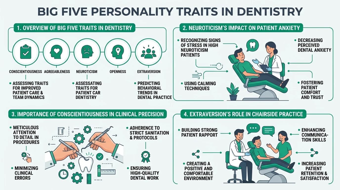 Infographic explaining personality dimensions, professional use cases, and interpretation safeguards to avoid simplistic or biased conclusions from score profiles.
