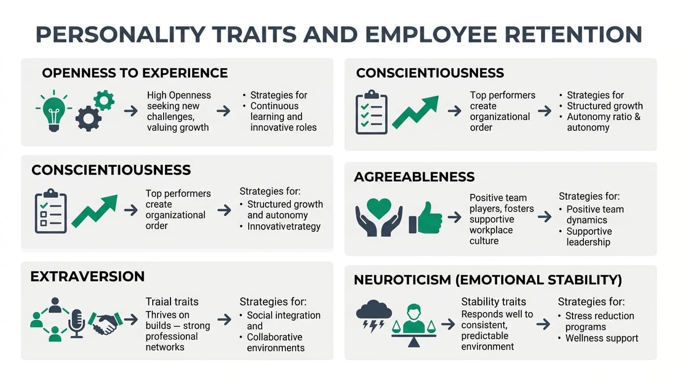 An illustration showing the Big Five personality traits and their impact on employee retention and turnover.