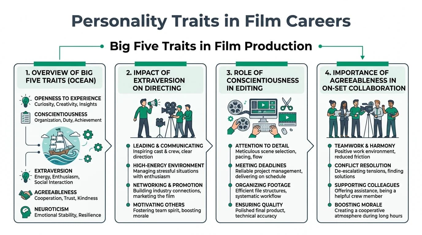 Infographic explaining personality dimensions, professional use cases, and interpretation safeguards to avoid simplistic or biased conclusions from score profiles.
