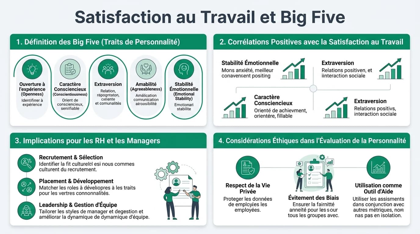 Illustration des traits de personnalité Big Five et leur impact sur la satisfaction au travail, avec des graphiques et des icônes représentant l'engagement et le bien-être.