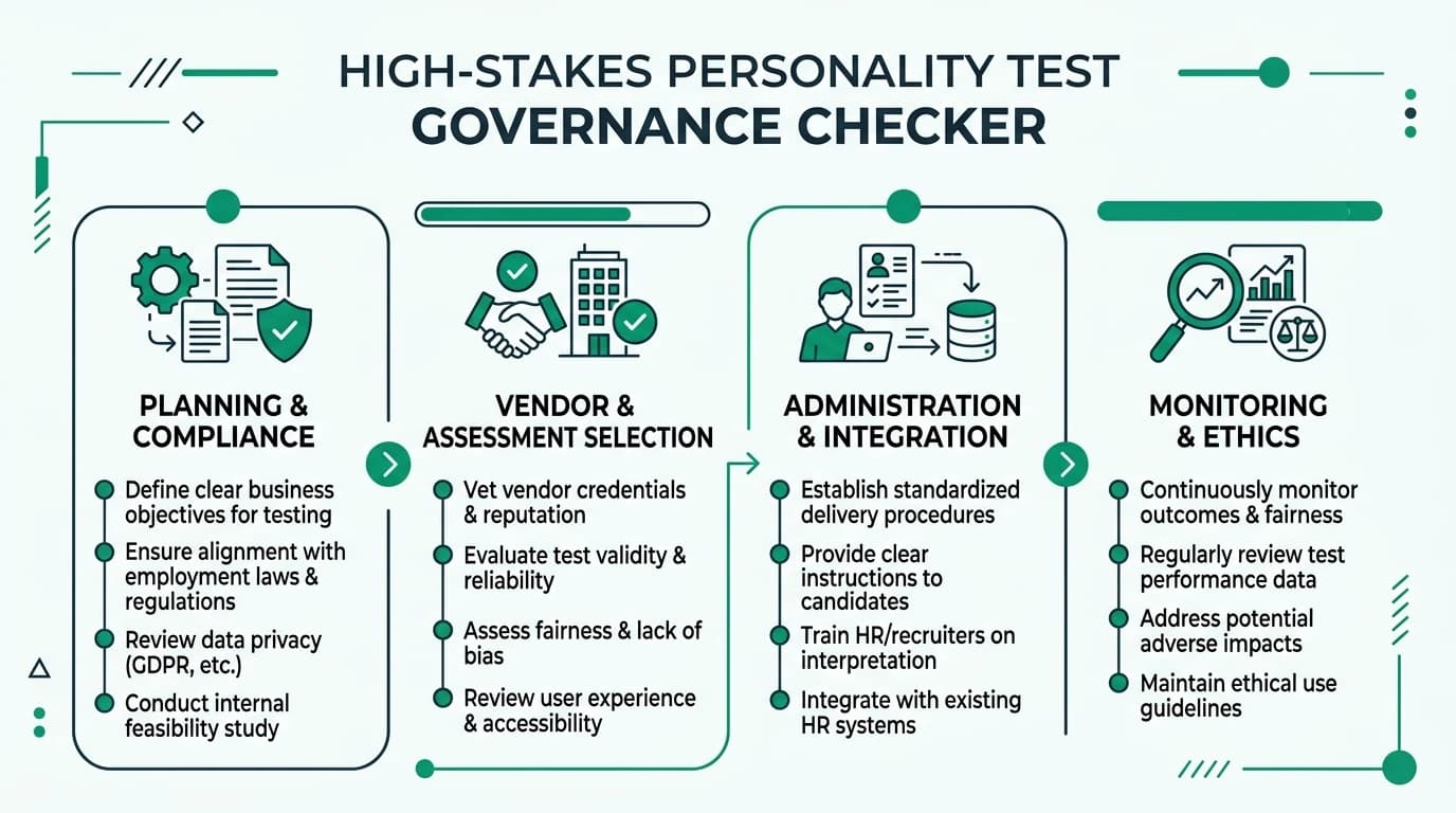 Infographic showing governance layers for personality testing in HR: validated instruments, documentation, and AI safeguards.