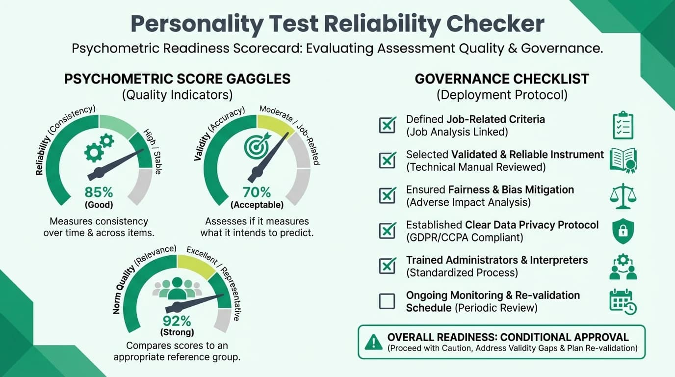 Assessment quality infographic with reliability and validity gauges, governance checklist, and readiness score thresholds for personality test deployment.