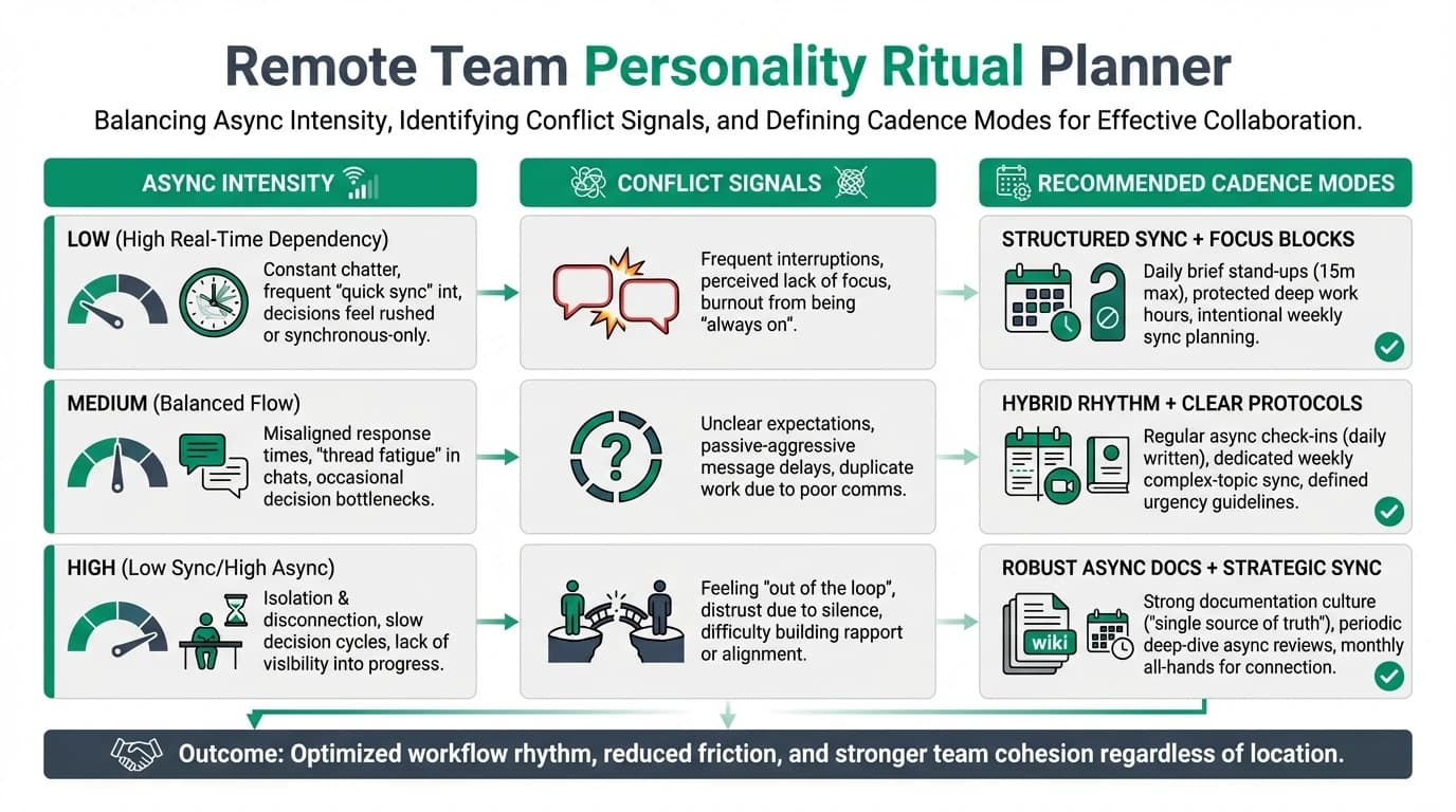 Remote collaboration infographic showing team communication rituals, async intensity, conflict exposure, and personality-informed facilitation cadence.