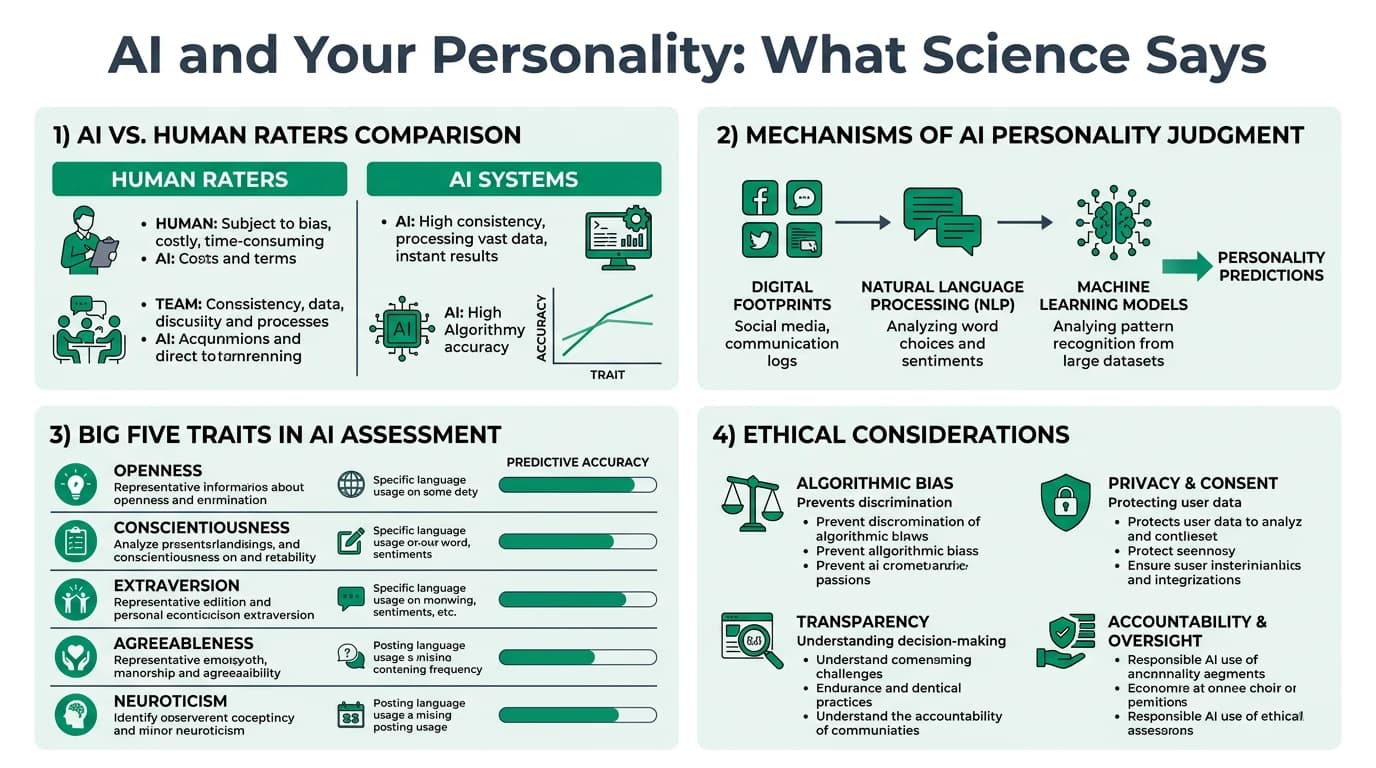 Illustration of a large language model analyzing text samples to infer Big Five personality traits, with accuracy scores compared against human judge benchmarks