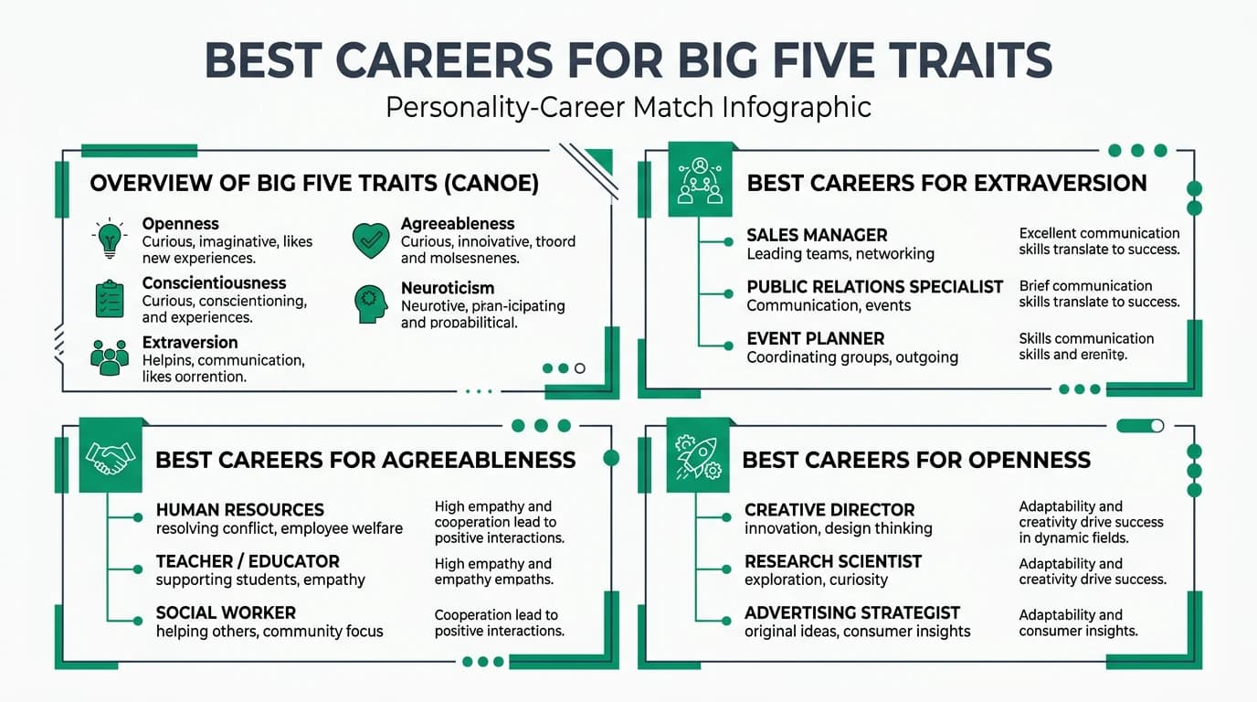 Professional infographic showing five career pathway branches, each labeled with a Big Five personality trait and corresponding job icons for management, creative arts, healthcare, engineering, and counseling roles