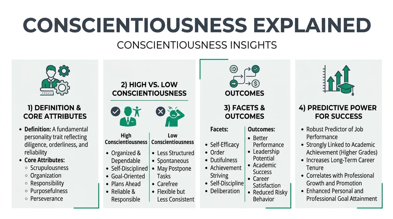 Detailed infographic showing the six facets of conscientiousness including orderliness, self-discipline, achievement striving, competence, dutifulness, and deliberation with their outcomes across academic, career, and health domains