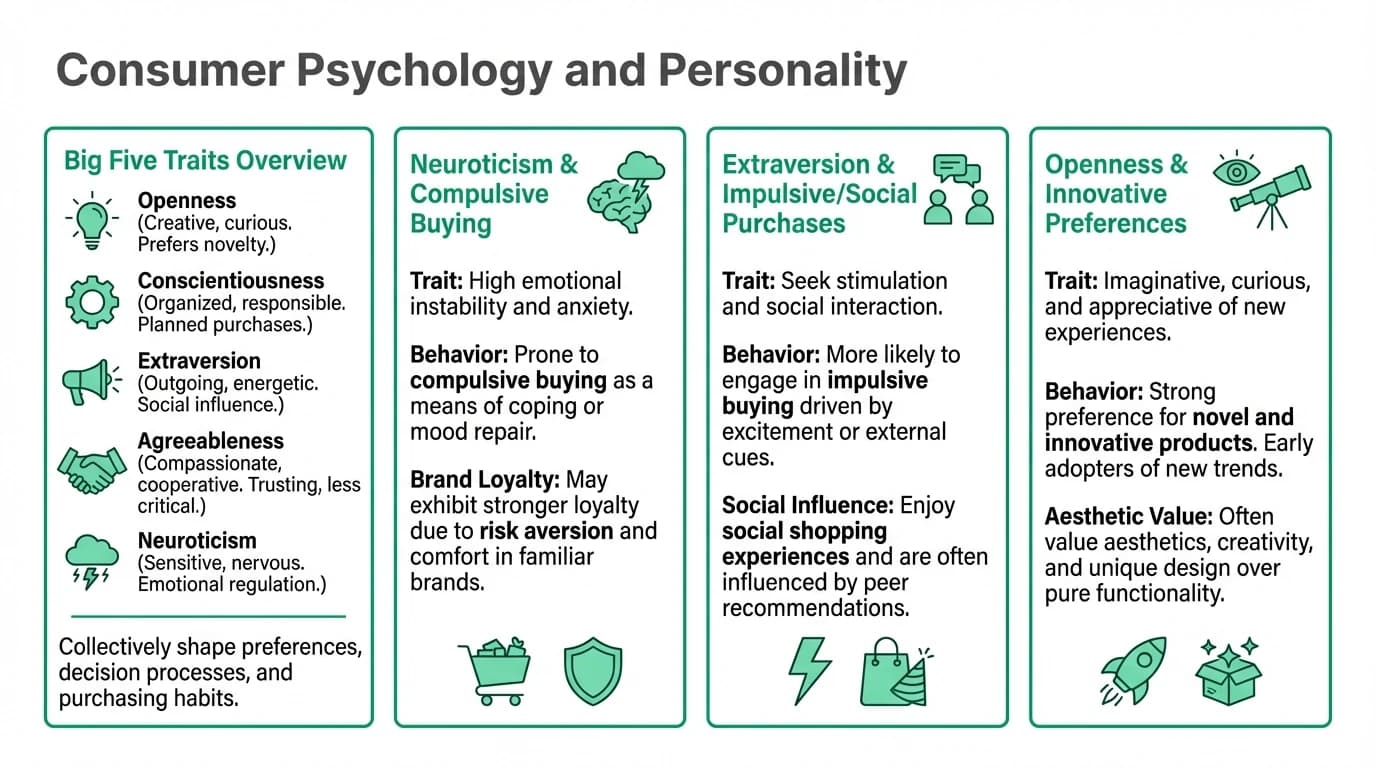 A diverse group of shoppers in a mall, each displaying different personality traits through their shopping choices.