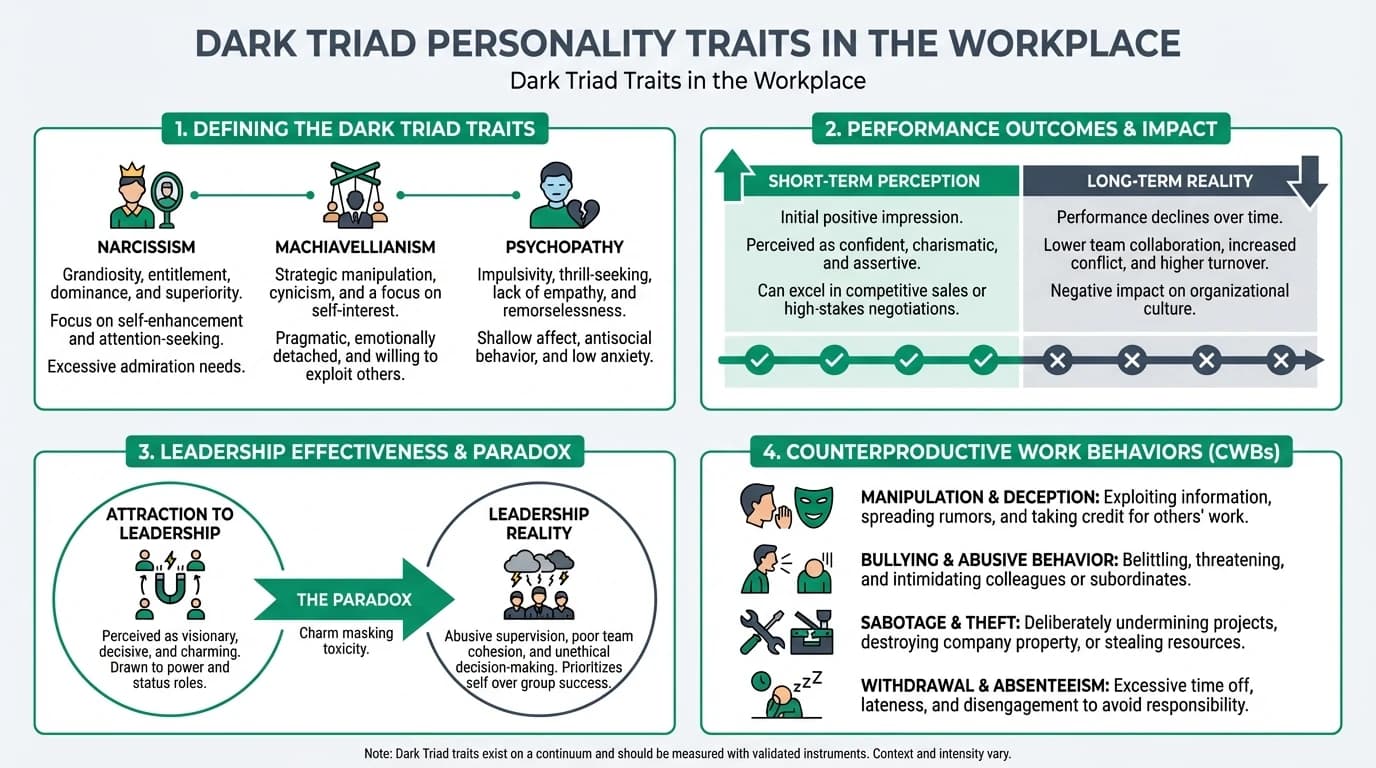 A detailed exploration of Dark Triad personality traits and their implications in workplace settings, focusing on assessment, research, and ethical considerations.