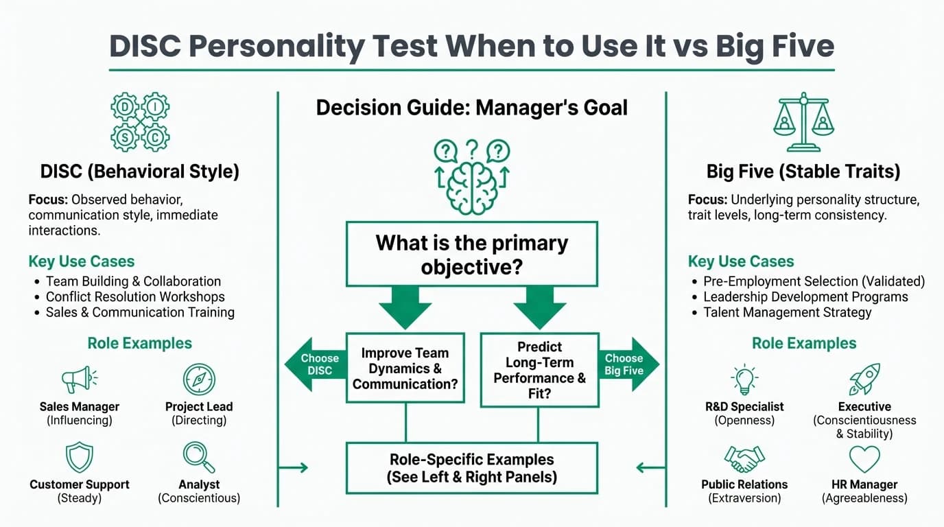 Professional infographic mapping DISC communication styles against Big Five trait dimensions to guide framework selection for managers and team leads.