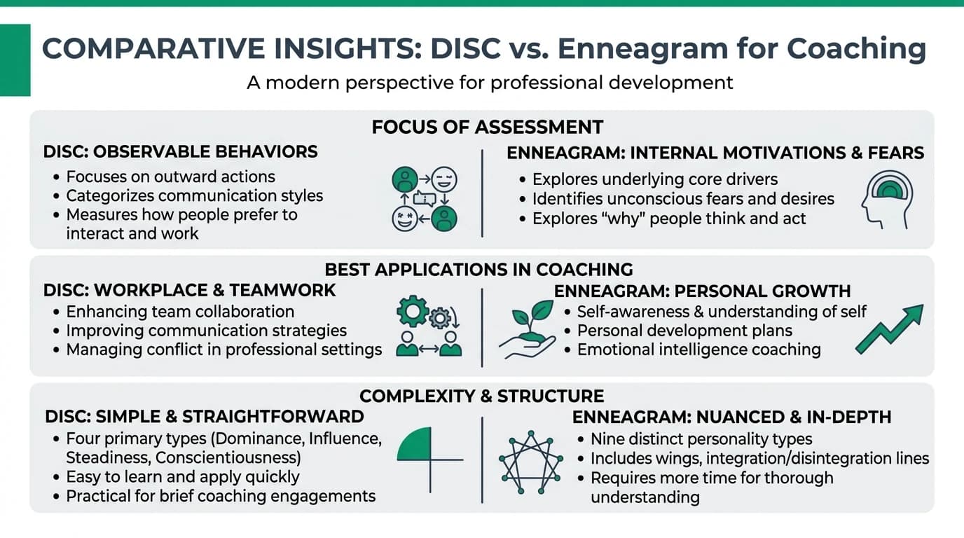 A comparative illustration of DISC and Enneagram personality assessment tools for coaching and personal growth.