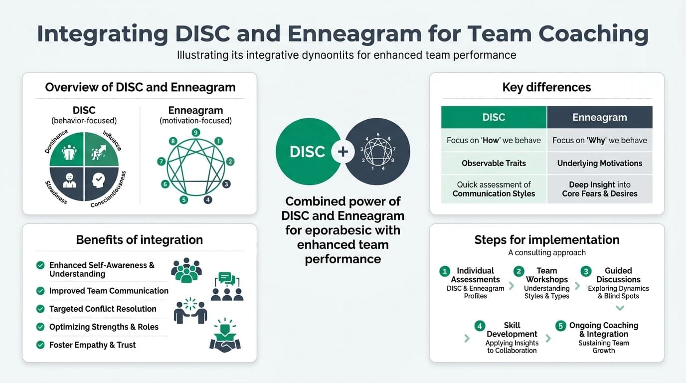 A visual representation of DISC and Enneagram models integrated for team coaching, illustrating their complementary nature.