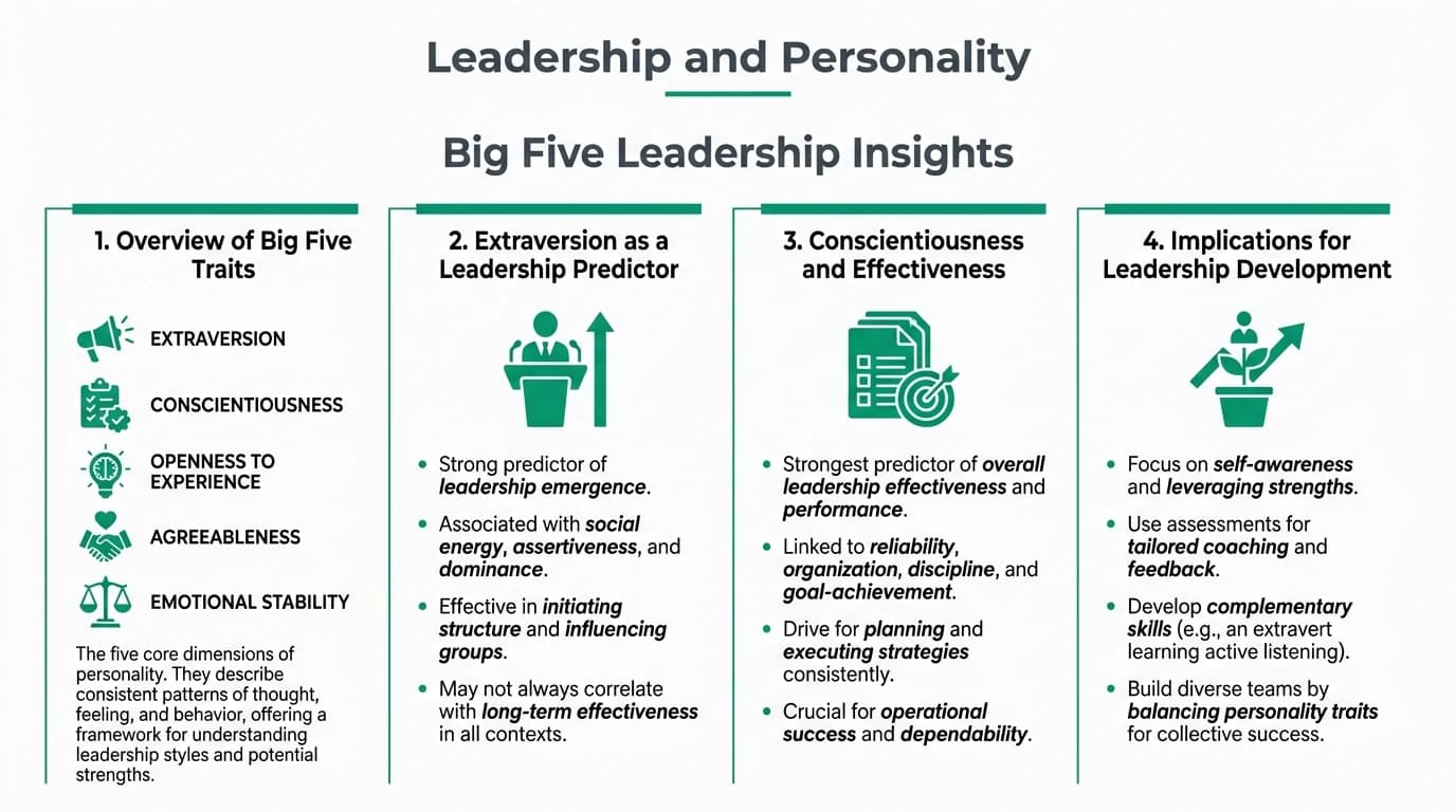 Illustration of leadership dynamics influenced by Big Five personality traits, showcasing diverse leadership styles.