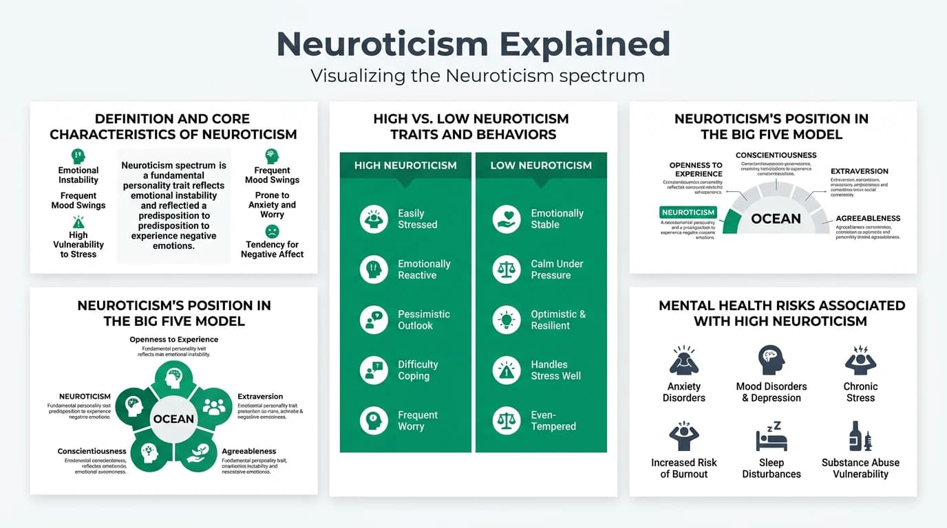 Comprehensive infographic explaining the neuroticism dimension of the Big Five personality model showing the emotional stability spectrum, six facets, and evidence-based coping strategies