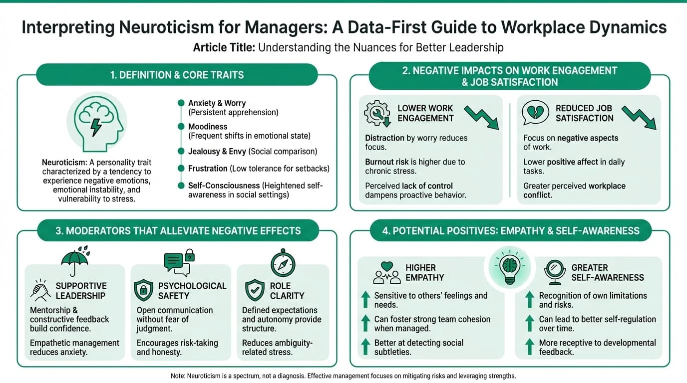 Infographic on neuroticism in the workplace: emotional stability facets, impacts on engagement and safety compliance, and management strategies for HR professionals.