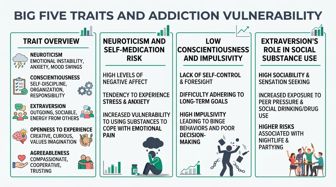 Research infographic illustrating how each Big Five personality trait contributes to addiction vulnerability through distinct psychological pathways and risk mechanisms