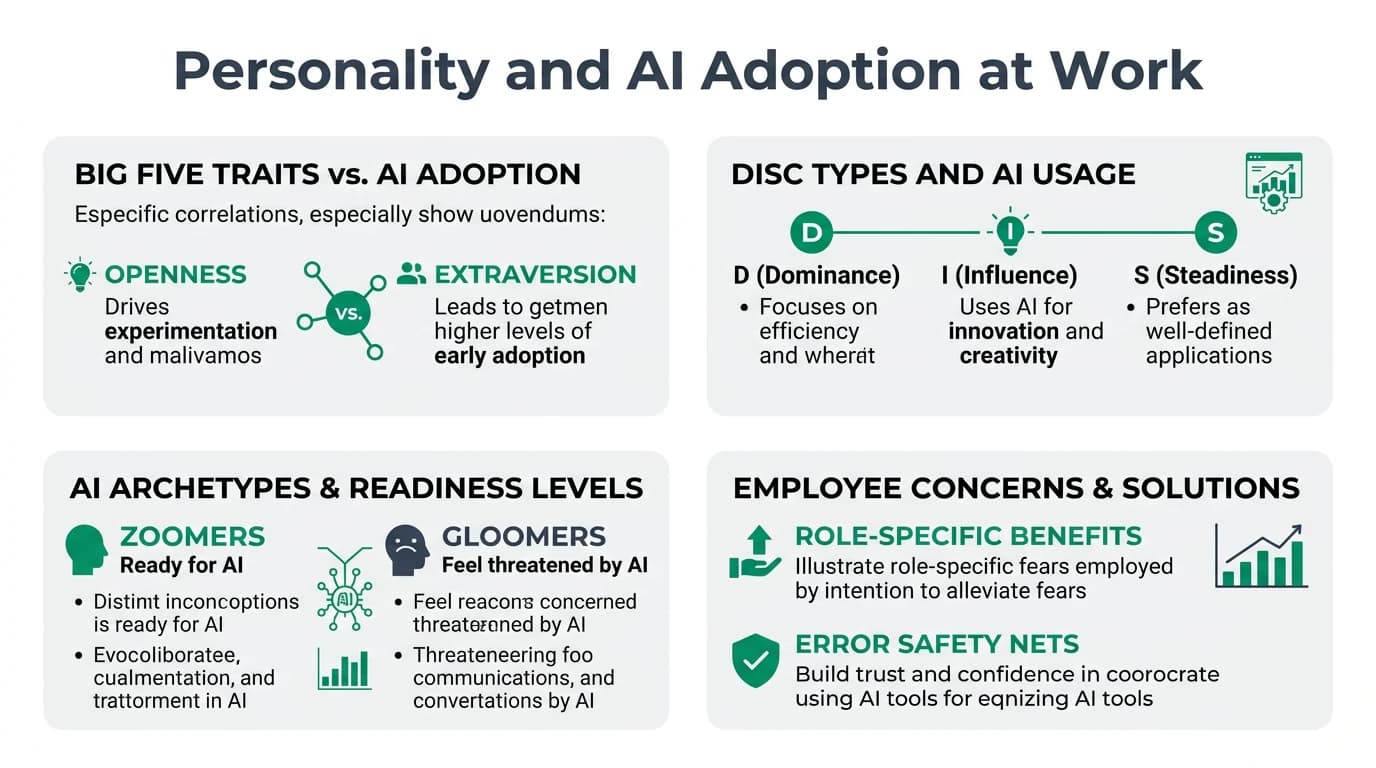 Workplace infographic showing how each Big Five personality trait influences an employee's likelihood to adopt or resist AI tools in a professional setting