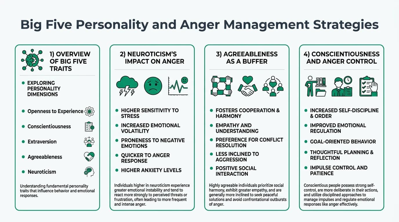 A detailed illustration of the Big Five personality traits and their impact on anger management strategies.