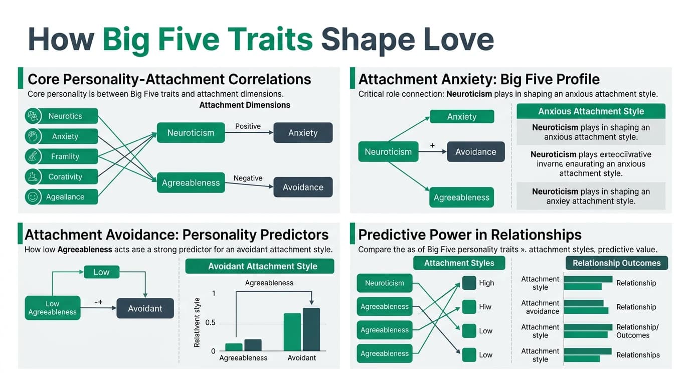 Diagram showing the connections between Big Five personality traits and the three attachment styles — secure, anxious, and avoidant — with labeled arrows indicating key correlations