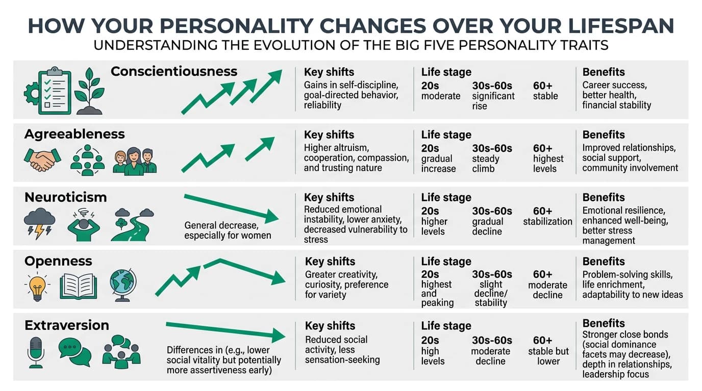Professional infographic showing the trajectory of each Big Five personality dimension across the human lifespan from adolescence to old age with emerald accent data visualization