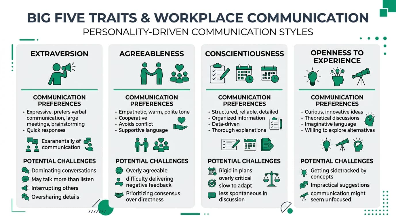 Professional infographic showing the five Big Five personality dimensions mapped to distinct workplace communication styles with emerald accent icons and data blocks