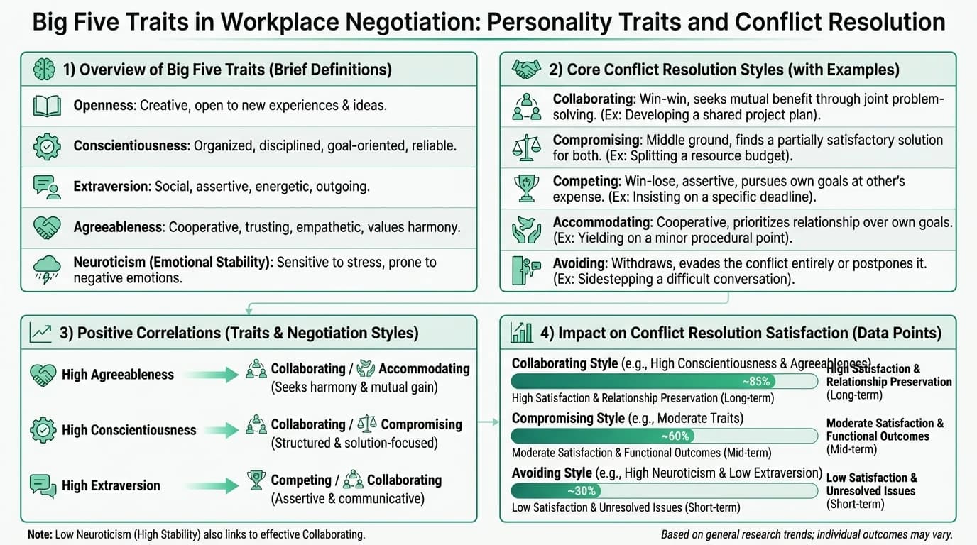 An illustration showing diverse workplace personalities engaging in various conflict resolution styles, highlighting the influence of the Big Five traits on negotiation outcomes.
