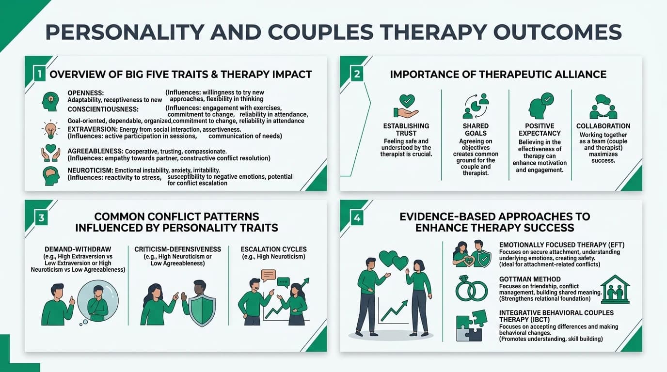 A couple in therapy discussing with a therapist, reflecting on personality traits and therapy outcomes.