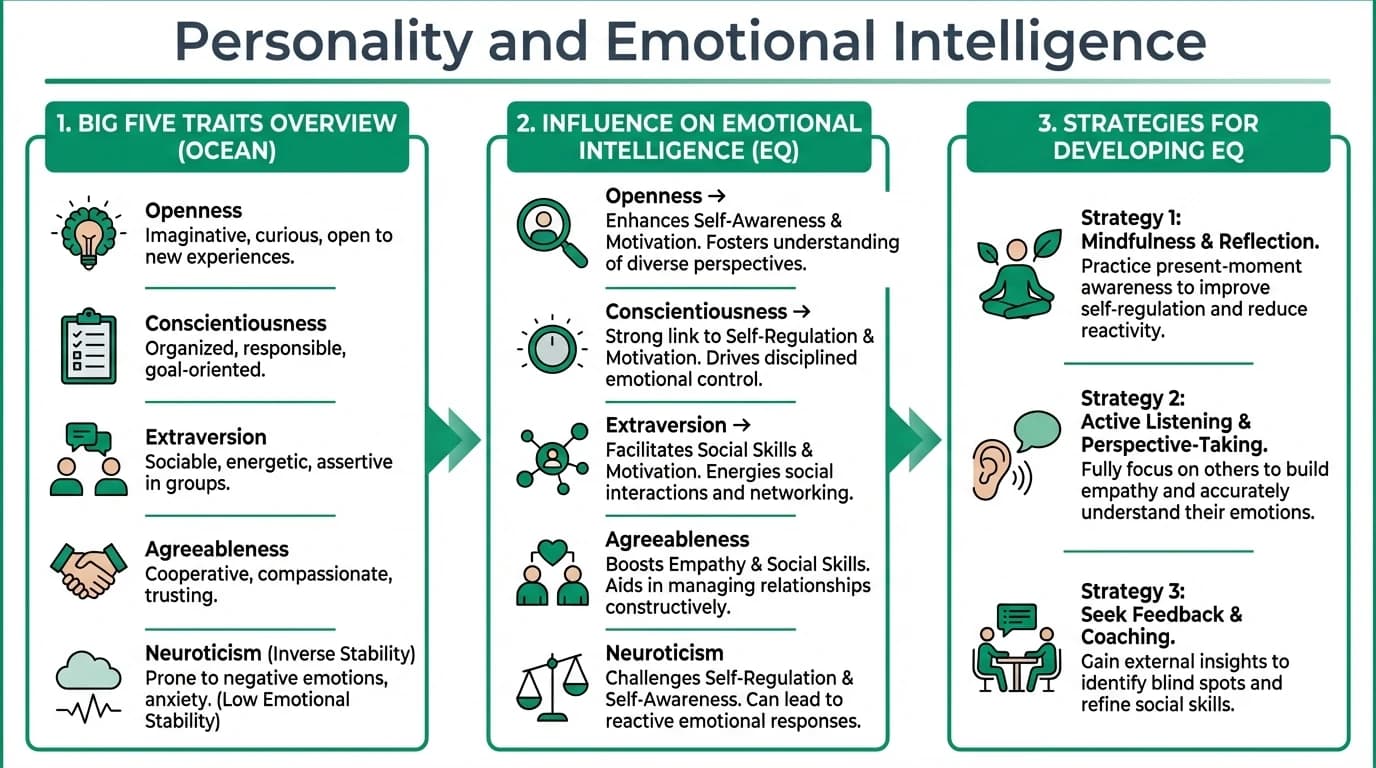 An illustrative depiction of the Big Five personality traits and their relationship with emotional intelligence, highlighting strategies for EQ development.