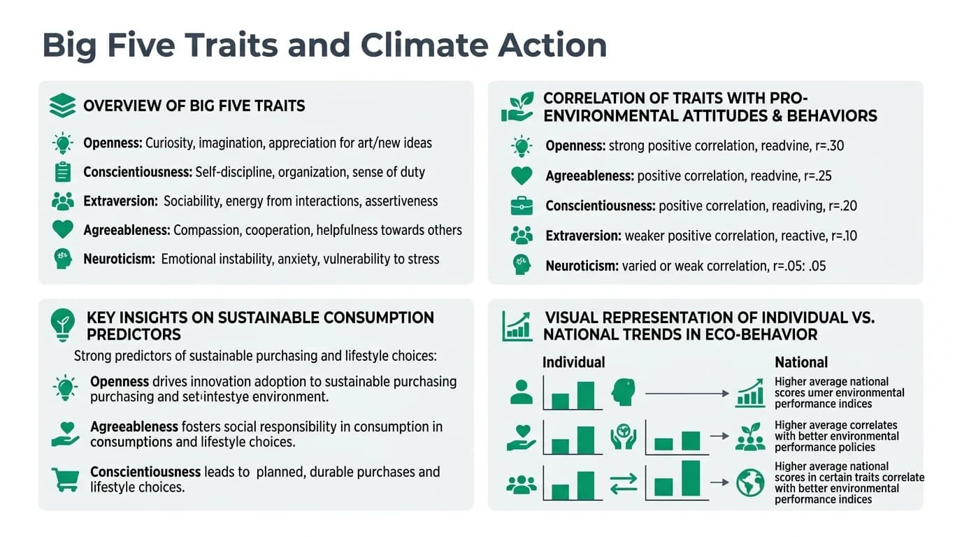A diverse group of people engaging in various eco-friendly activities, such as recycling and planting trees, highlighting the connection between personality and environmental behavior.