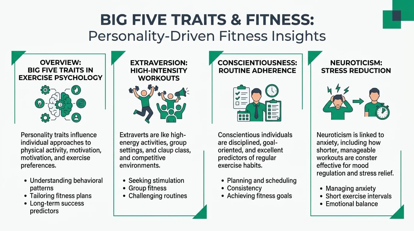 Comprehensive visual guide showing how each of the five OCEAN personality traits influences exercise type preferences, workout intensity enjoyment, and long-term fitness adherence patterns across different populations