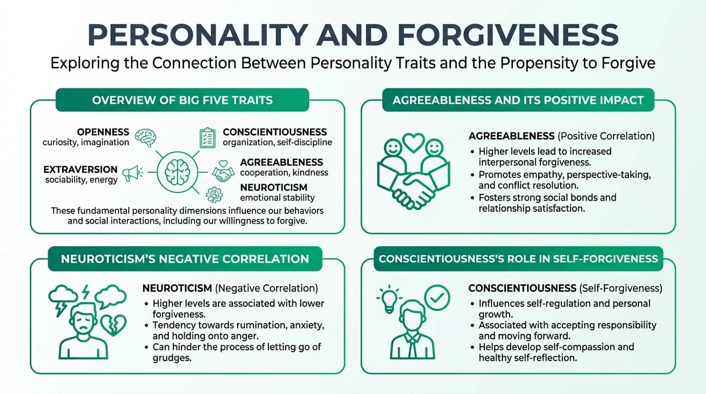 A diverse group of people, each representing a different Big Five personality trait, engaging in a forgiving gesture.