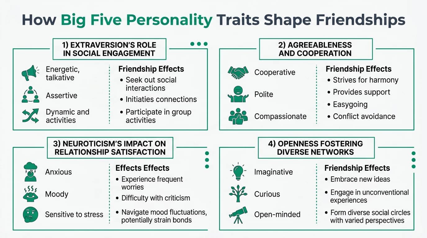 Illustrated guide showing how the Big Five personality traits influence friendship formation, social network size, relationship satisfaction, and conflict patterns