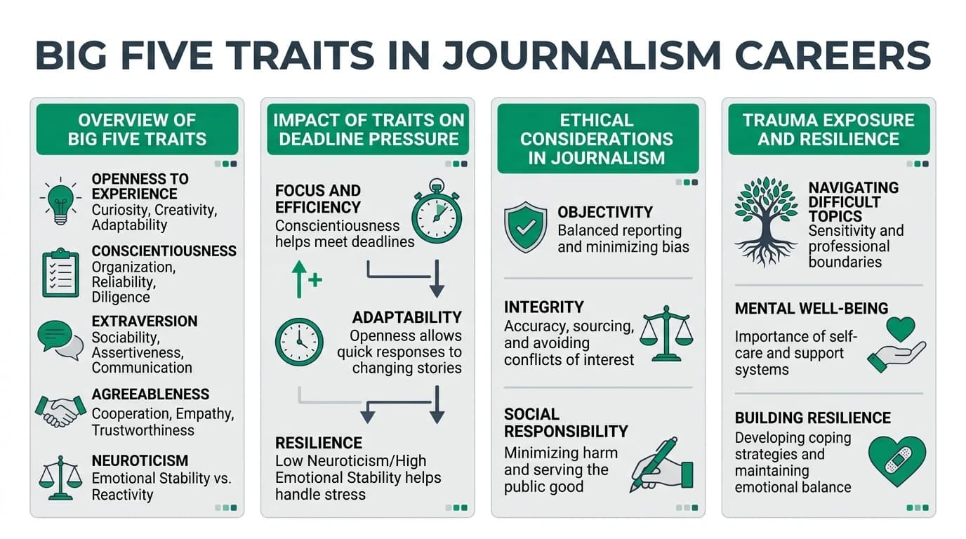 A group of journalists in a newsroom, each displaying different personality traits while working under deadline pressure.