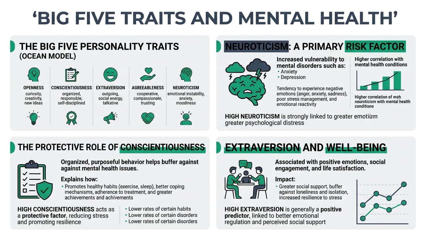 Research-based infographic showing how each Big Five personality trait predicts specific mental health outcomes including anxiety, depression, PTSD, and substance use disorders with effect sizes and clinical implications