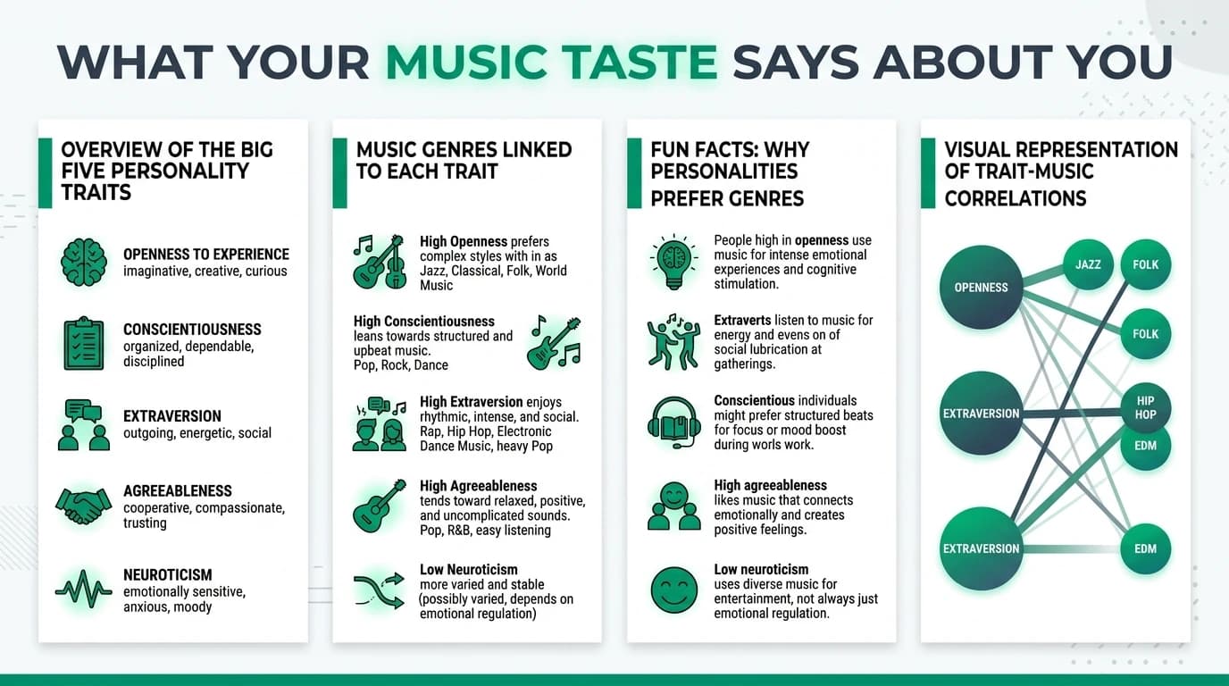 A diverse group of people enjoying different music genres, reflecting their unique personality traits.