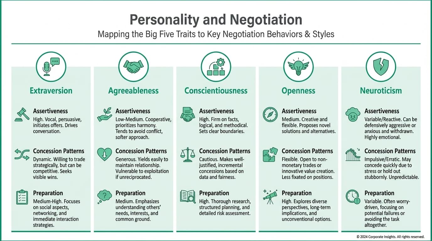 Infographic showing how Big Five personality traits map to negotiation styles, conflict resolution approaches, and practical adaptation strategies for different deal contexts.