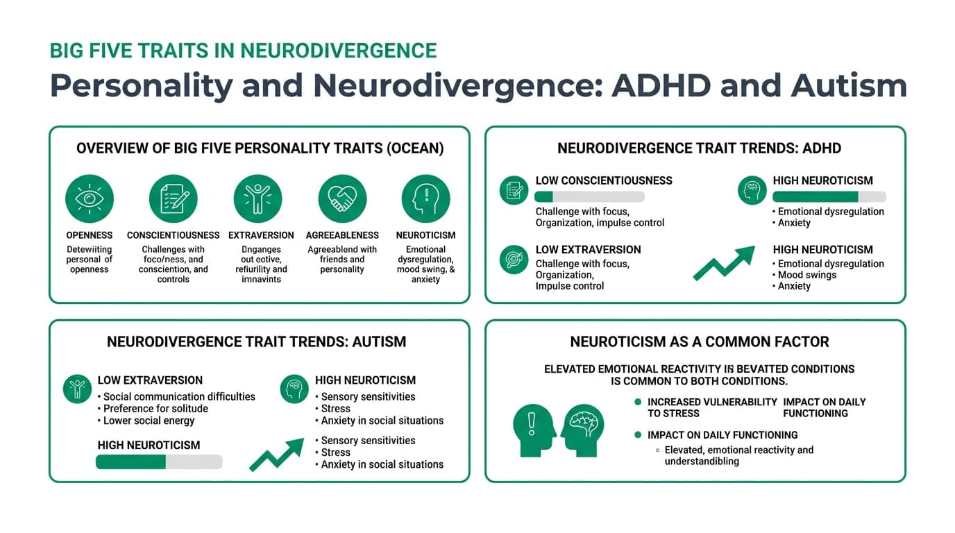 Visual comparison chart showing how ADHD and autism spectrum conditions map onto each of the Big Five personality trait dimensions with directional arrows and effect sizes