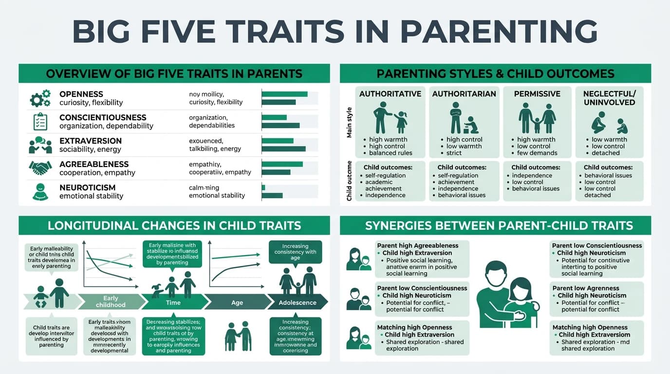 Detailed visual guide showing how each Big Five personality trait in parents predicts specific parenting styles and how those styles shape child personality development, academic outcomes, and emotional well-being across cultures