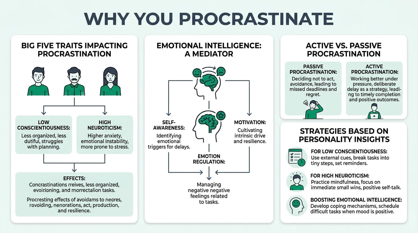 Illustrated diagram showing how each Big Five personality trait connects to procrastination tendencies, with arrows linking conscientiousness, neuroticism, and impulsivity to delay behaviors