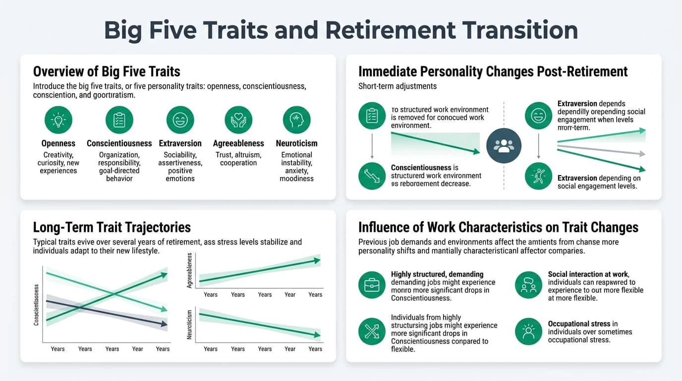 Illustration showing how the Big Five personality traits — openness, conscientiousness, extraversion, agreeableness, and neuroticism — influence retirement transition planning, adjustment, and life satisfaction across the lifespan