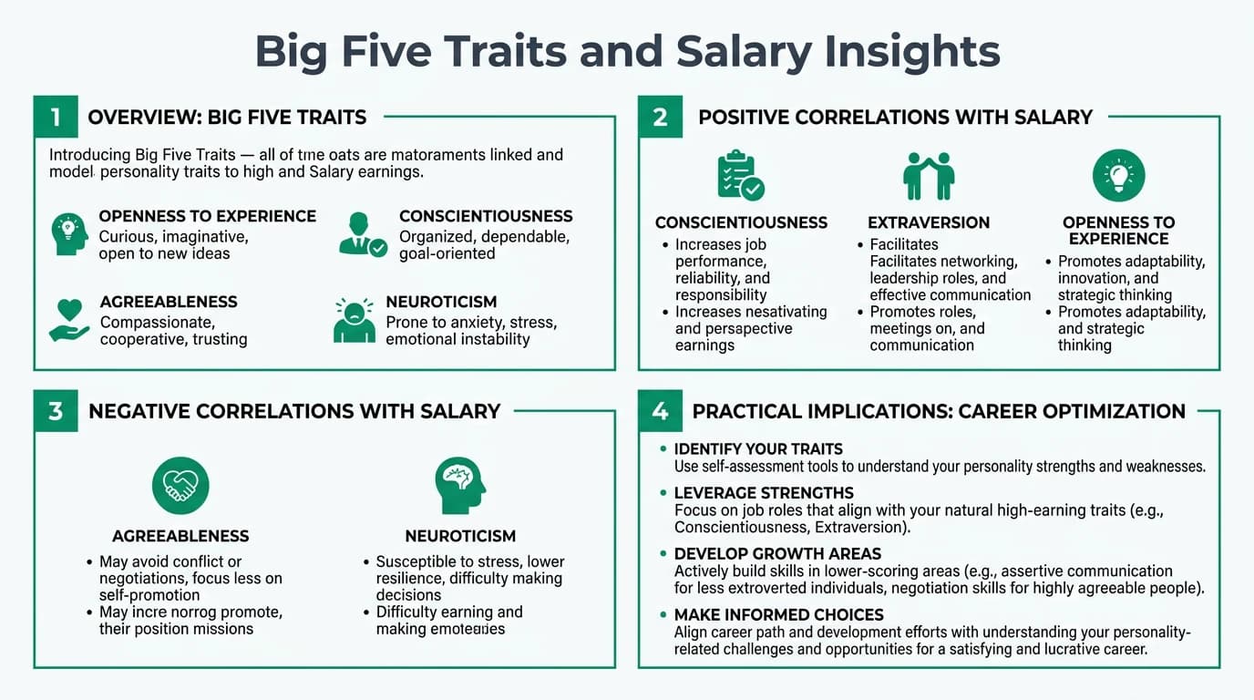 Infographic comparing the five major personality traits and their relationship to salary outcomes, with bar charts showing conscientiousness and extraversion linked to higher earnings