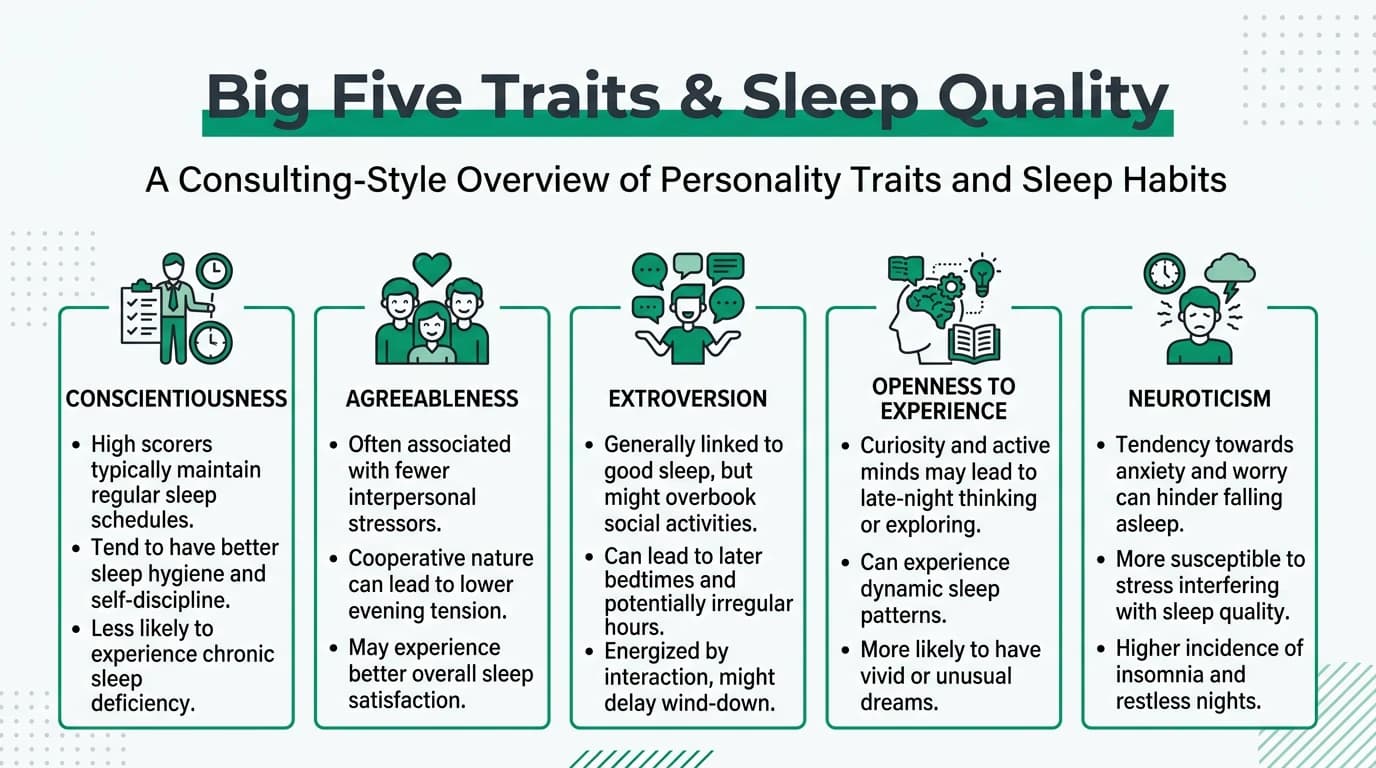 Illustrated diagram showing how each of the Big Five personality traits connects to sleep quality outcomes including insomnia severity, chronotype preference, and sleep hygiene behaviors across different age groups