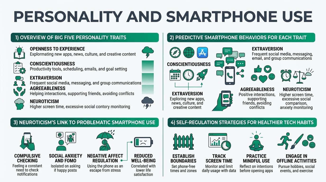 A person using a smartphone with icons representing the Big Five personality traits: Openness, Conscientiousness, Extraversion, Agreeableness, and Neuroticism.
