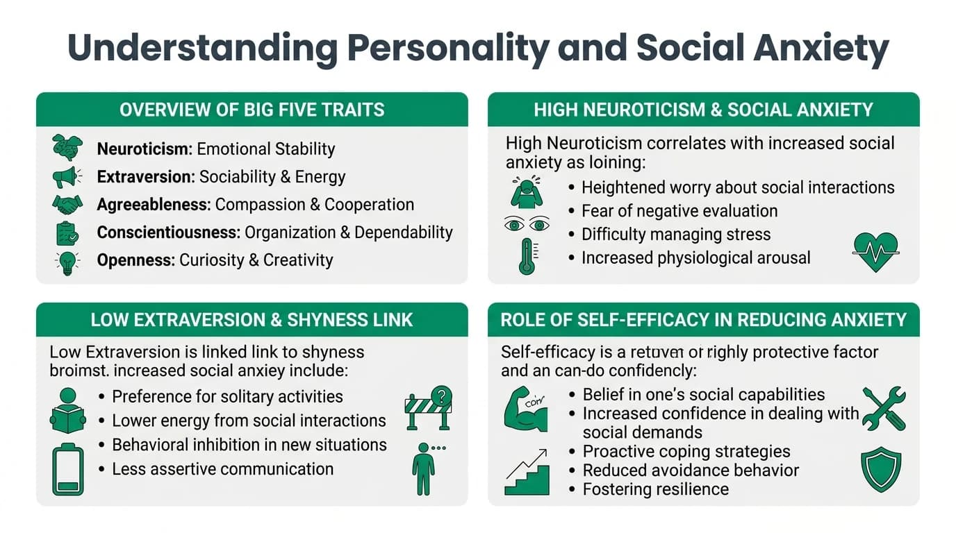 Illustration showing the connection between Big Five personality traits and social anxiety, with symbols representing traits like neuroticism and extraversion.