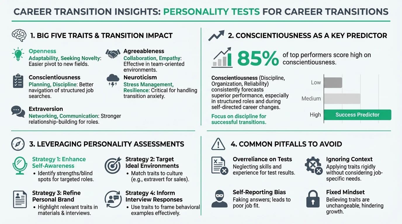 Infographic showing how personality tests like the Big Five help mid-career professionals identify transferable strengths, career fit, and pivoting strategies during transitions.