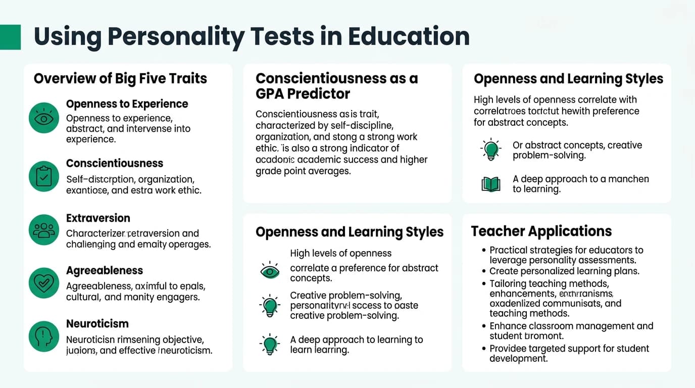 Infographic showing the five Big Five personality traits mapped to classroom teaching strategies, student learning preferences, and evidence-based academic interventions