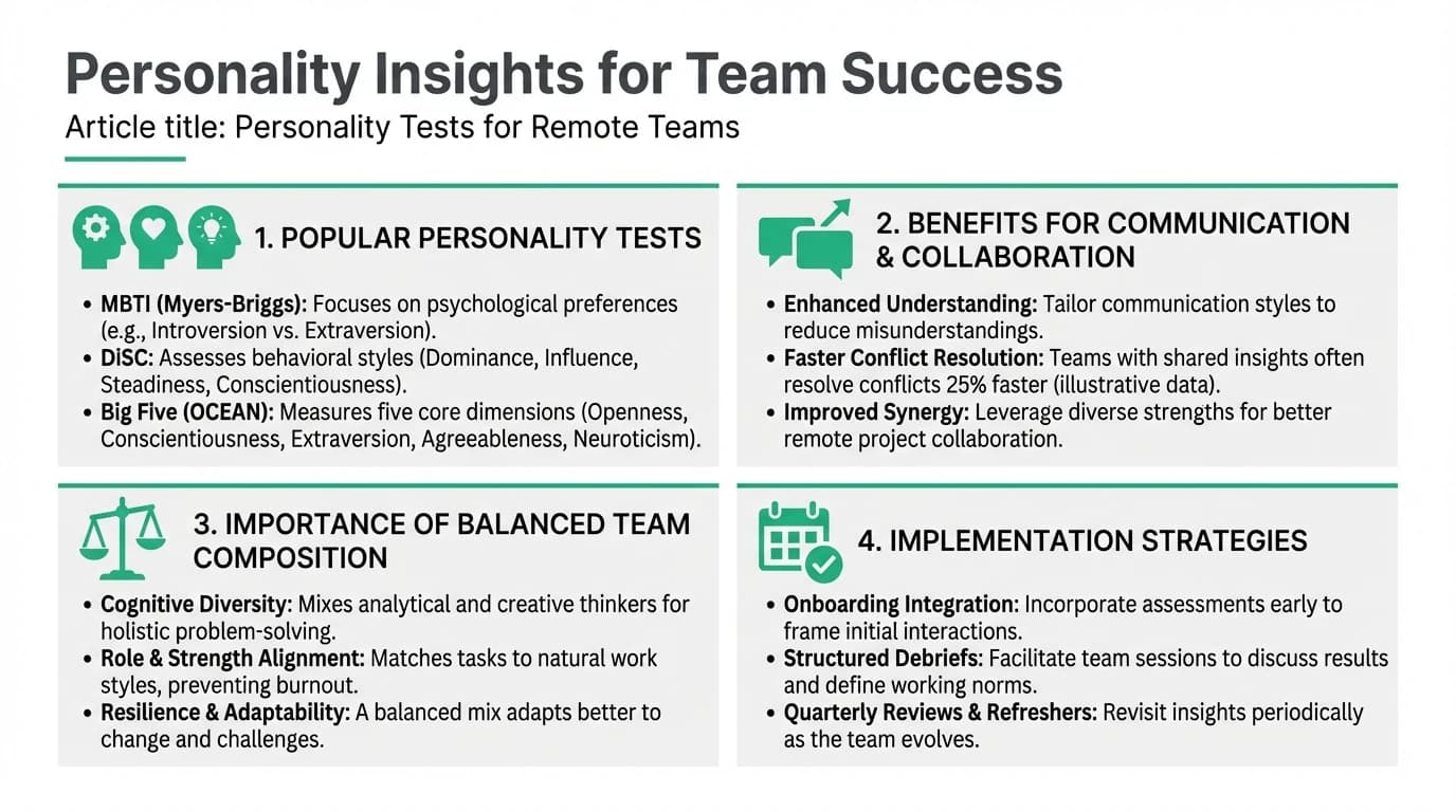 Illustration of diverse remote team members engaging with personality tests to improve collaboration and productivity.